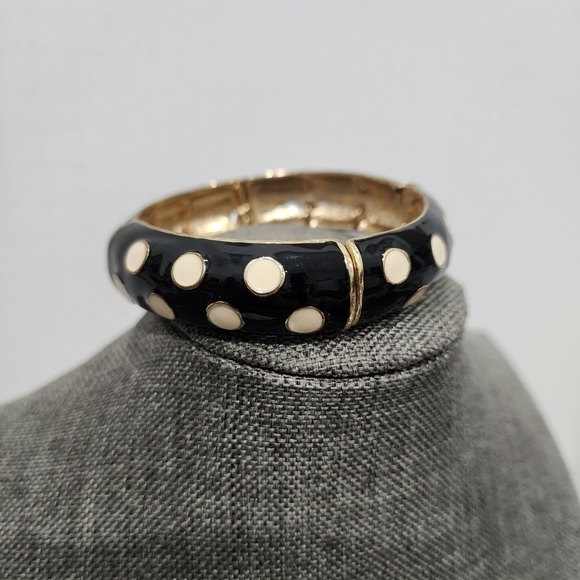 Black & White Polka Dot Enamel Stretch Bangle Bracelet – Retro Style 3" - Picture 1 of 5